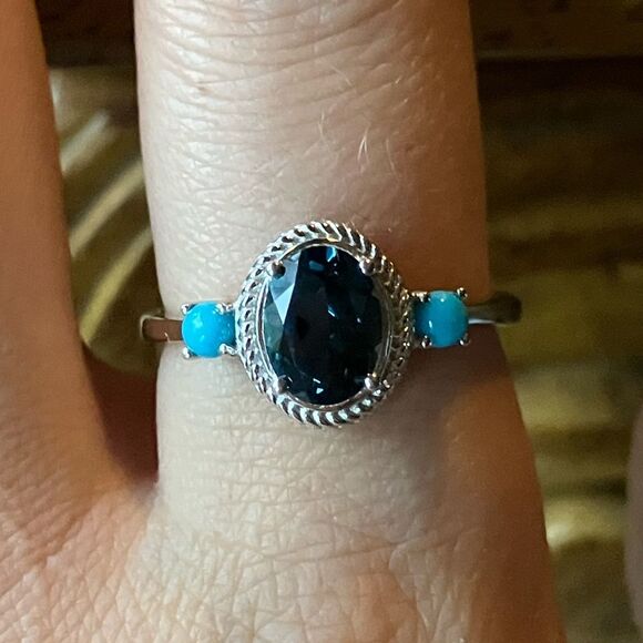 London Blue Topaz Sleeping Beauty Turquoise Sterling Silver Ring Size 9 - Picture 1 of 10